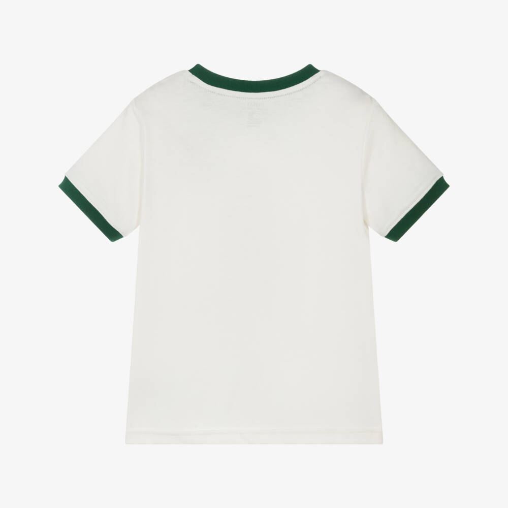 Ralph Lauren-Boys Ivory Cotton T-Shirt with Green Trims & Polo Bear Print | Childrensalon Outlet