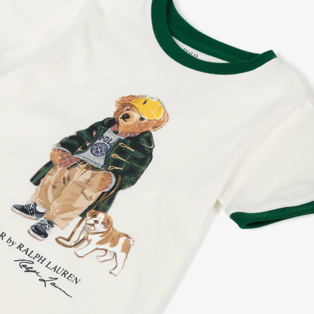 Ralph Lauren-Boys Ivory Cotton T-Shirt with Green Trims & Polo Bear Print | Childrensalon Outlet