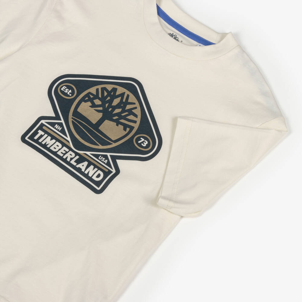 Timberland-Boys Ivory Cotton T-Shirt with Printed Logo | Childrensalon Outlet
