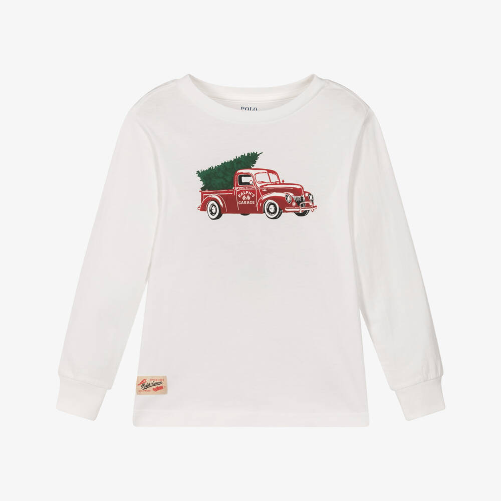 Ralph Lauren-Boys Ivory Cotton Top with Festive Print | Childrensalon Outlet