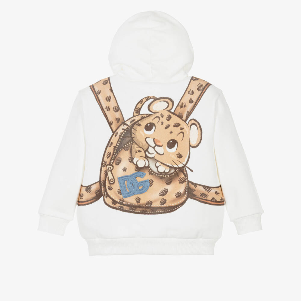Dolce & Gabbana-Boys Ivory Cotton Zip-Up Top with Leopard Backpack Print | Childrensalon Outlet