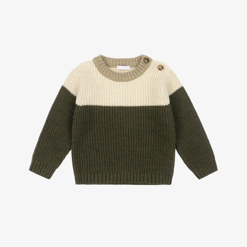 Laranjinha-Boys Ivory & Green Colourblock Wool Knit Jumper | Childrensalon Outlet