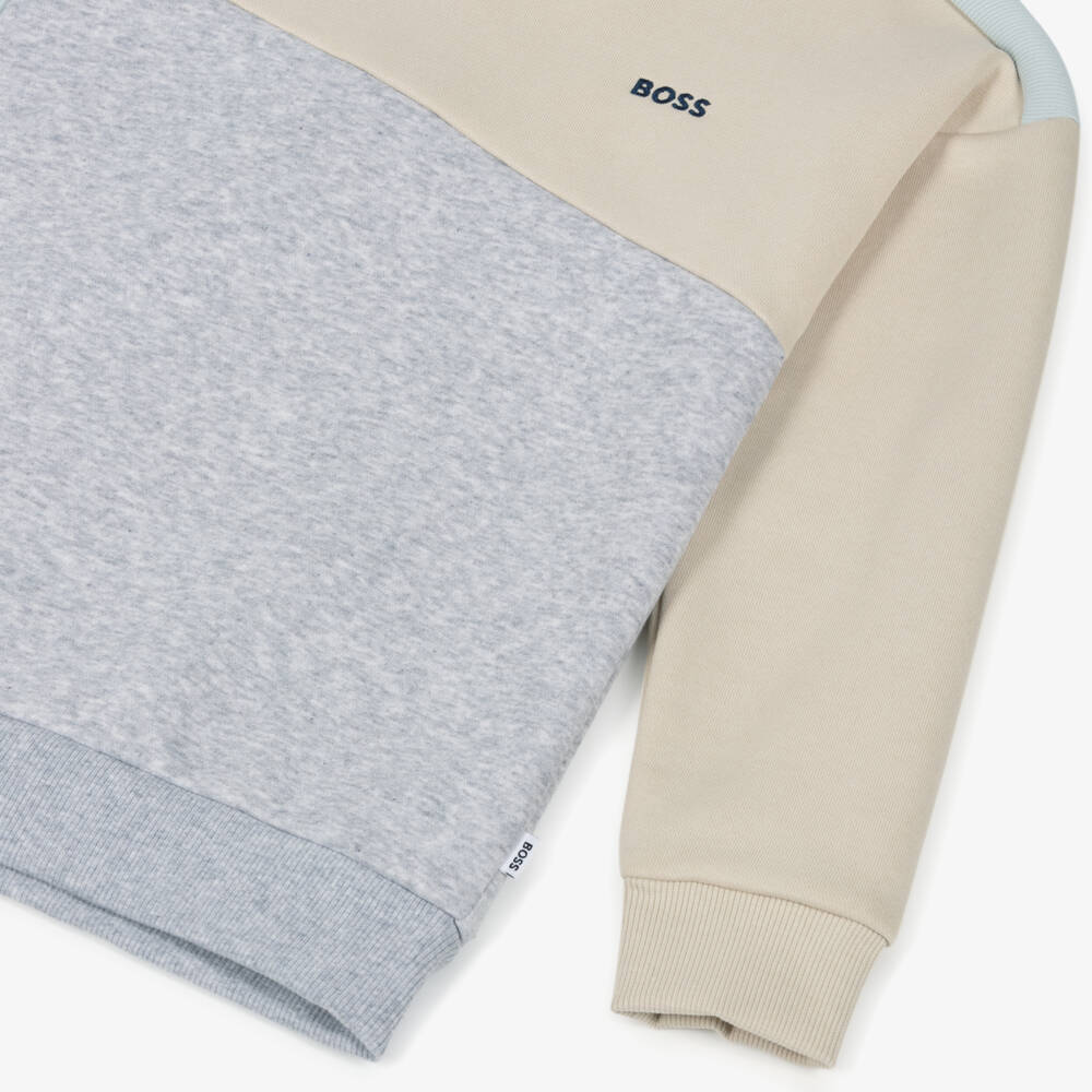 BOSS-Boys Ivory & Grey Colourblock Cotton Sweatshirt | Childrensalon Outlet