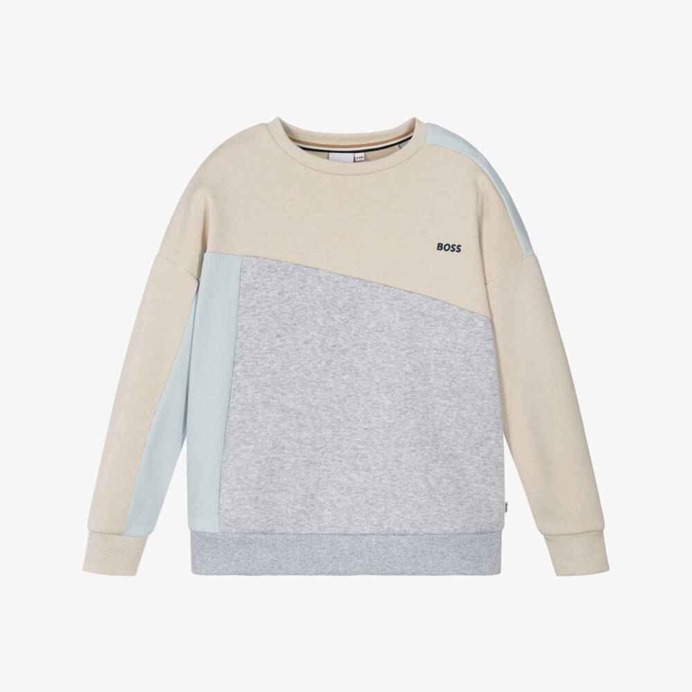 BOSS-Boys Ivory & Grey Colourblock Cotton Sweatshirt | Childrensalon Outlet