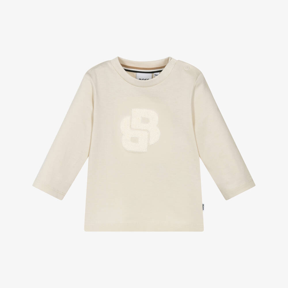 BOSS-Boys Ivory Long-Sleeve Top with BouclÃ© Double B Monogram Logo | Childrensalon Outlet