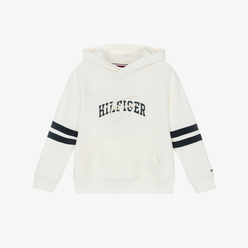 Tommy Hilfiger-Boys Ivory Mixed Logo Cotton Jersey Hoodie | Childrensalon Outlet