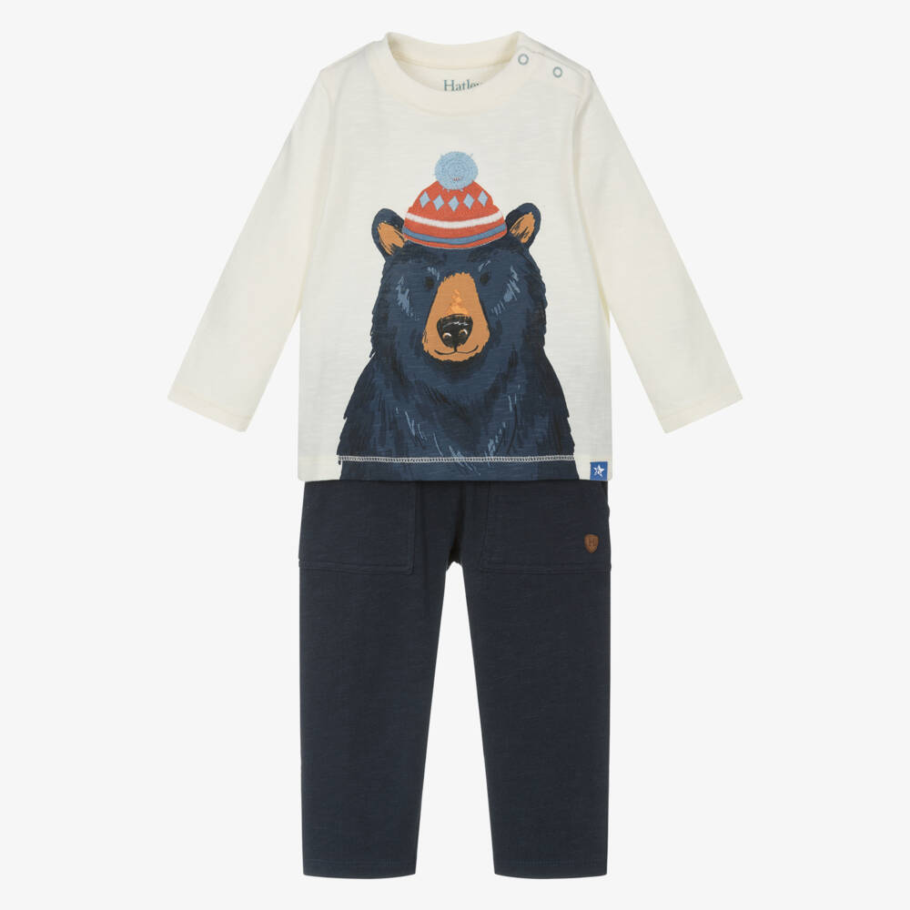 Hatley-Boys Ivory & Navy Blue Bear Trousers Set | Childrensalon Outlet
