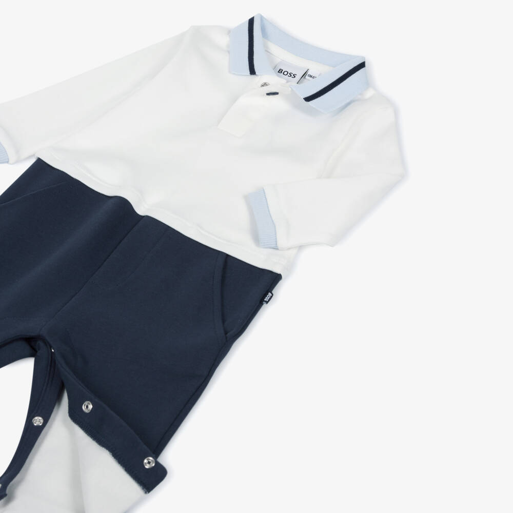 BOSS-Boys Ivory & Navy Blue Cotton Romper with Polo Collar | Childrensalon Outlet