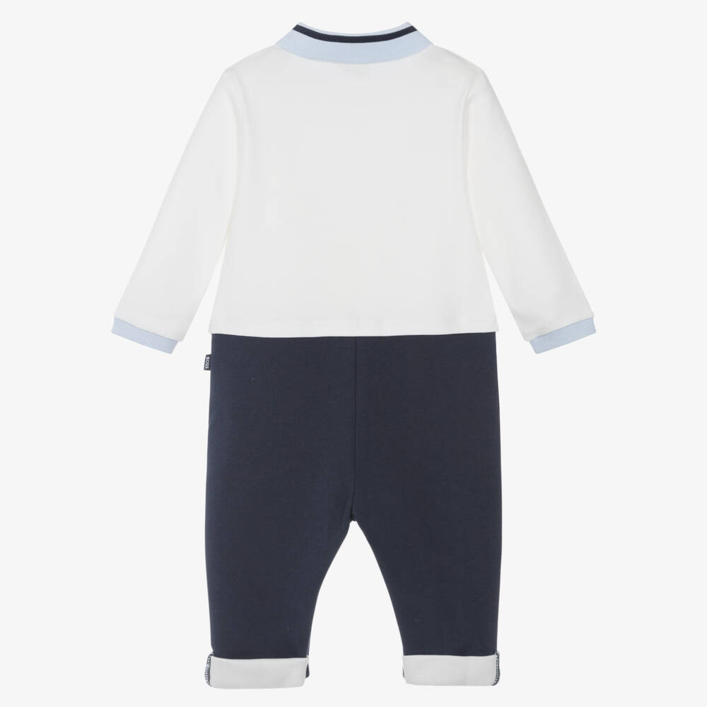 BOSS-Boys Ivory & Navy Blue Cotton Romper with Polo Collar | Childrensalon Outlet