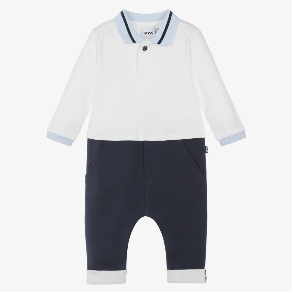 BOSS-Boys Ivory & Navy Blue Cotton Romper with Polo Collar | Childrensalon Outlet