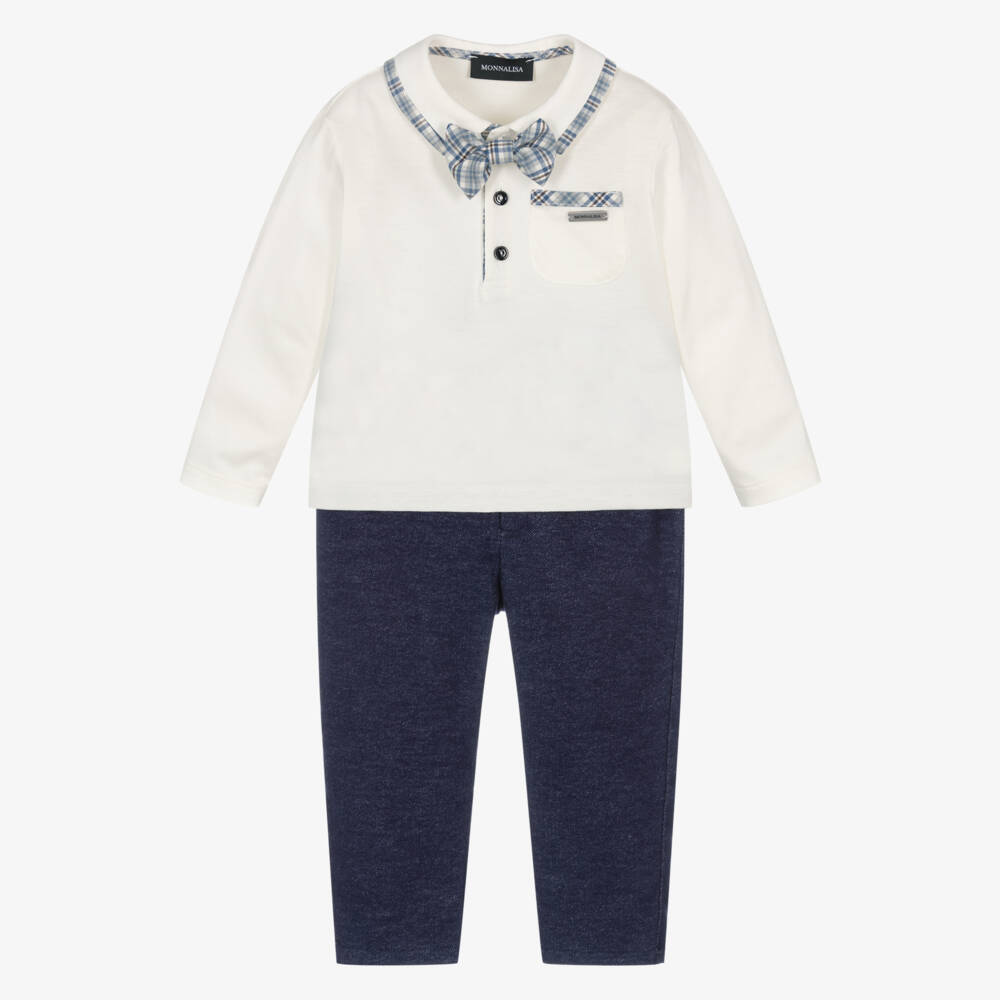 Monnalisa-Boys Ivory & Navy Blue Cotton Trouser Set | Childrensalon Outlet