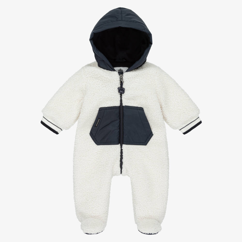 Lapin House-Boys Ivory & Navy Blue Teddy Fleece Pramsuit | Childrensalon Outlet