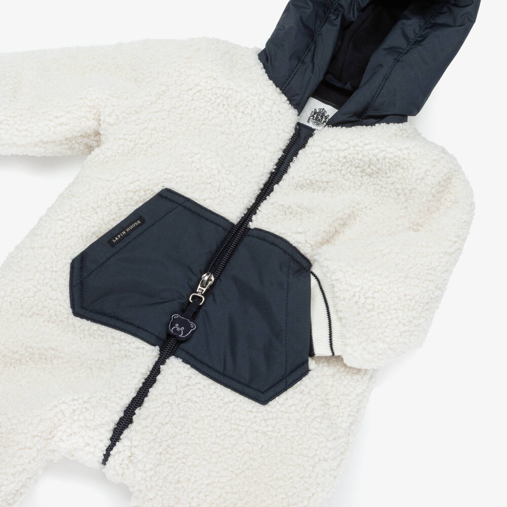 Lapin House-Boys Ivory & Navy Blue Teddy Fleece Pramsuit | Childrensalon Outlet