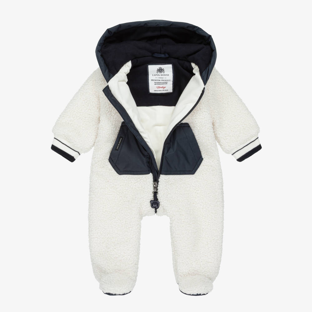Lapin House-Boys Ivory & Navy Blue Teddy Fleece Pramsuit | Childrensalon Outlet