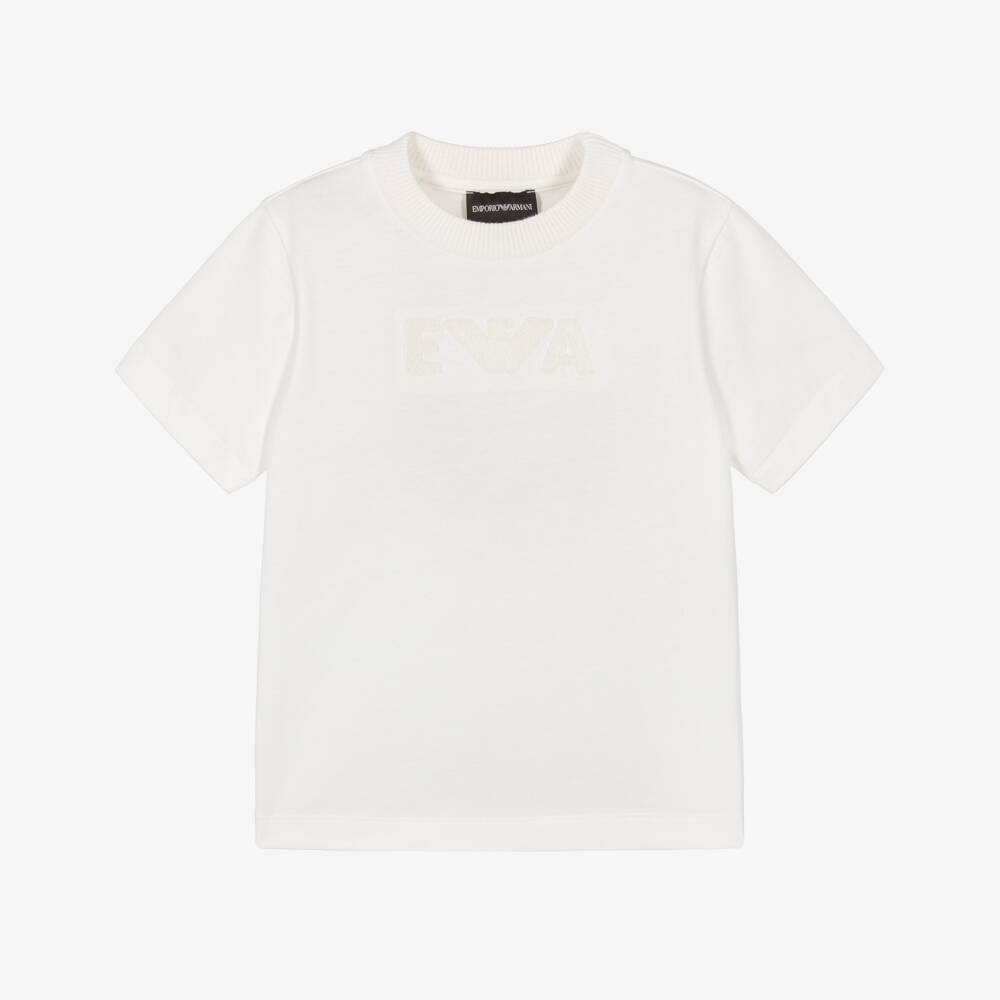 Emporio Armani-Boys Ivory Ribbed Crew Neck Cotton T-Shirt | Childrensalon Outlet