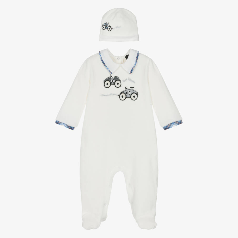 Monnalisa-Boys Ivory Velour Babygrow & Hat Set with Racing Car Appliqués | Childrensalon Outlet