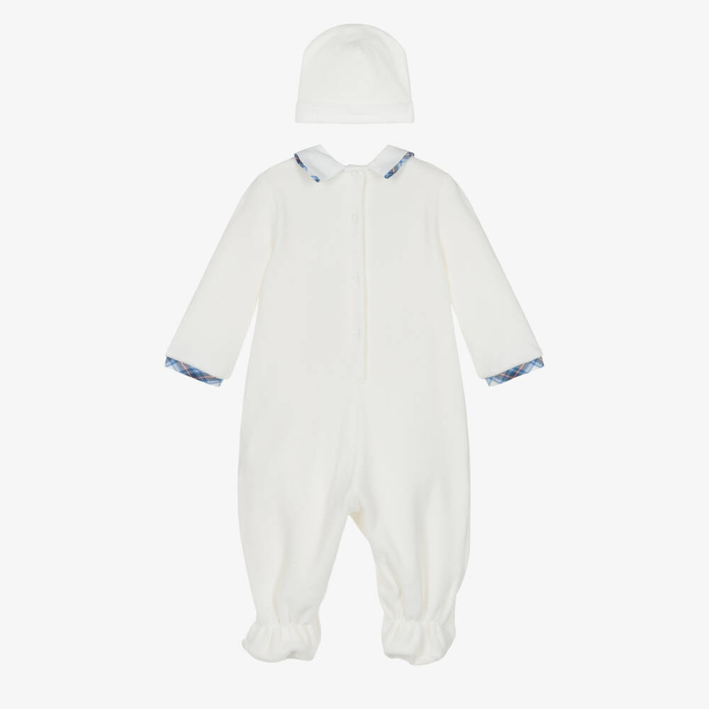 Monnalisa-Boys Ivory Velour Babygrow & Hat Set with Racing Car Appliqués | Childrensalon Outlet