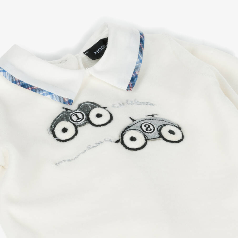 Monnalisa-Boys Ivory Velour Babygrow & Hat Set with Racing Car Appliqués | Childrensalon Outlet