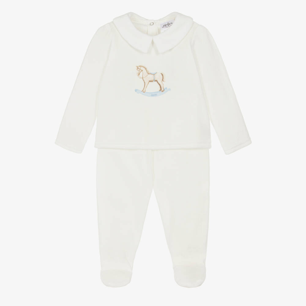 Jamiks-Boys Ivory Velour Rocking Horse 2 Piece Babygrow | Childrensalon Outlet