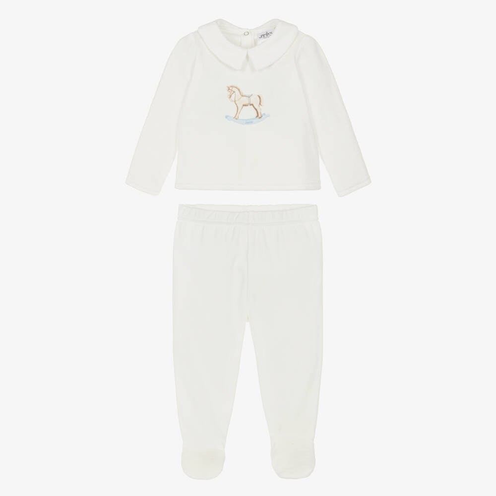 Jamiks-Boys Ivory Velour Rocking Horse 2 Piece Babygrow | Childrensalon Outlet