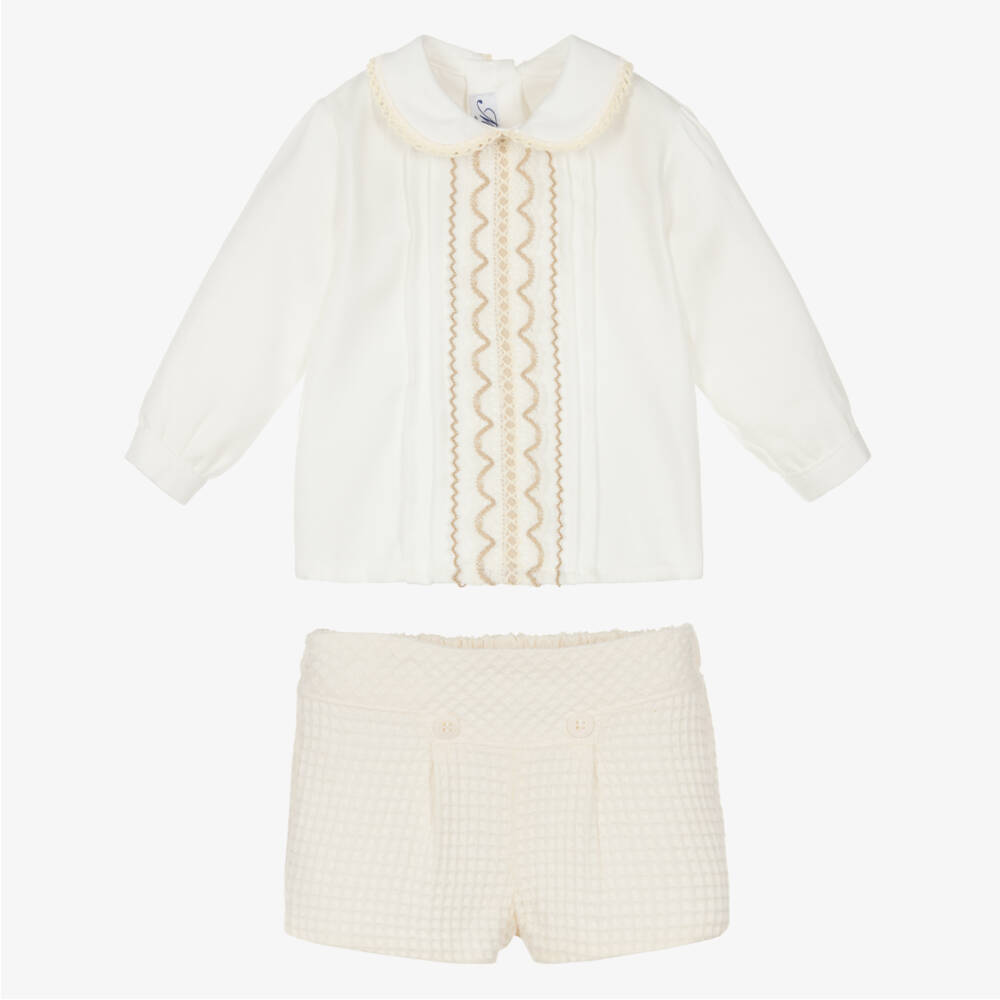 Miranda-Boys Ivory Waffle Cotton Shorts Set | Childrensalon Outlet