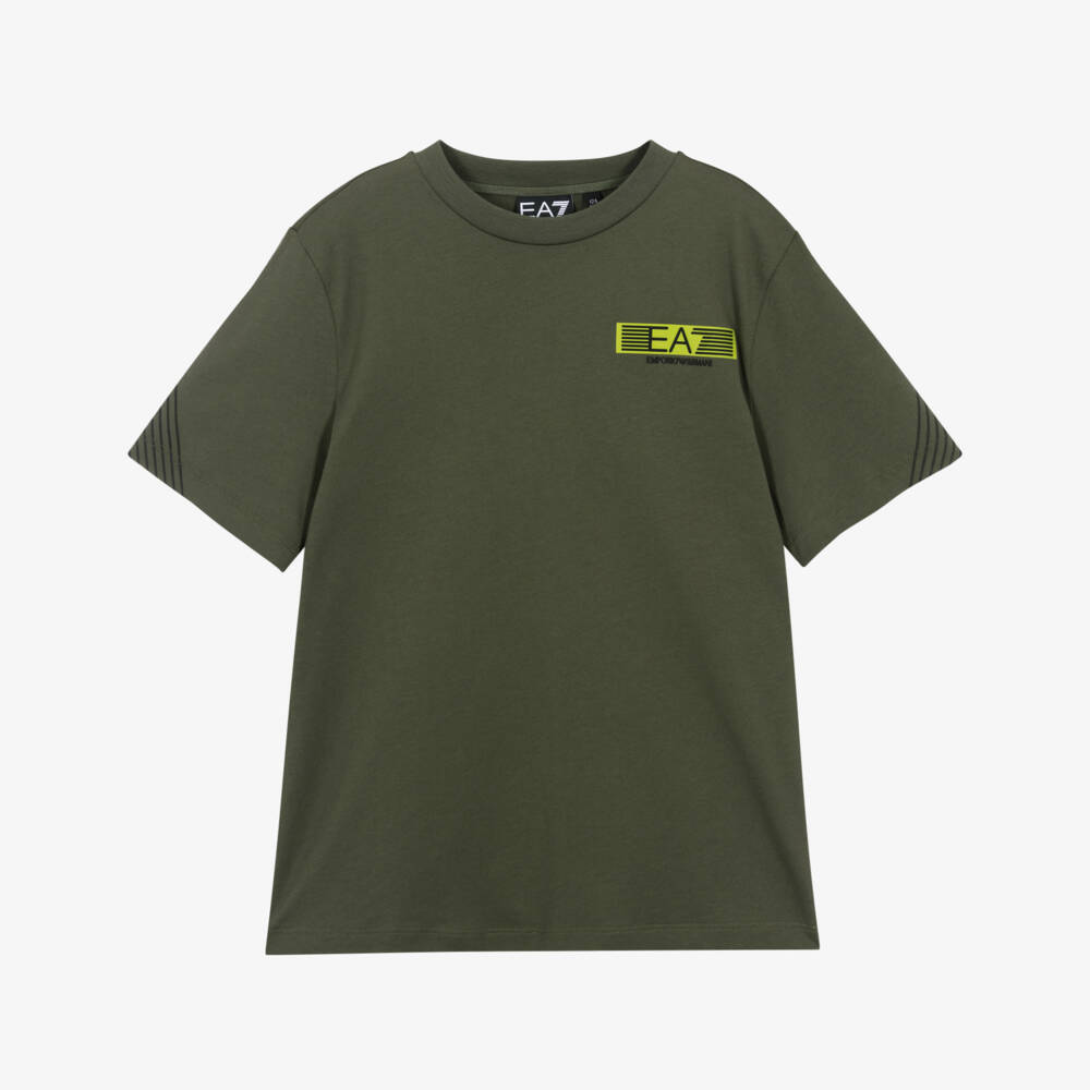 EA7 Emporio Armani-Boys Khaki Green Cotton EA7 Logo T-Shirt | Childrensalon Outlet