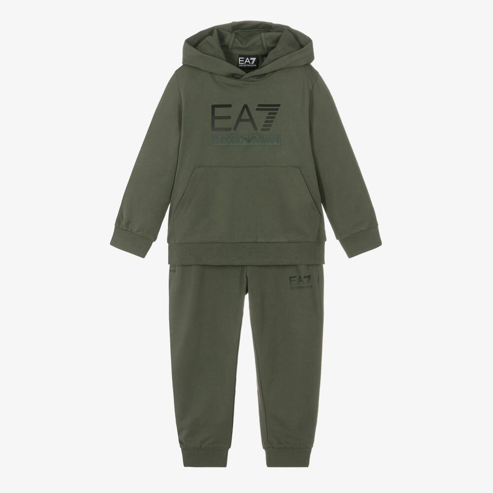 EA7 Emporio Armani-Boys Khaki Green Cotton EA7 Logo Tracksuit | Childrensalon Outlet