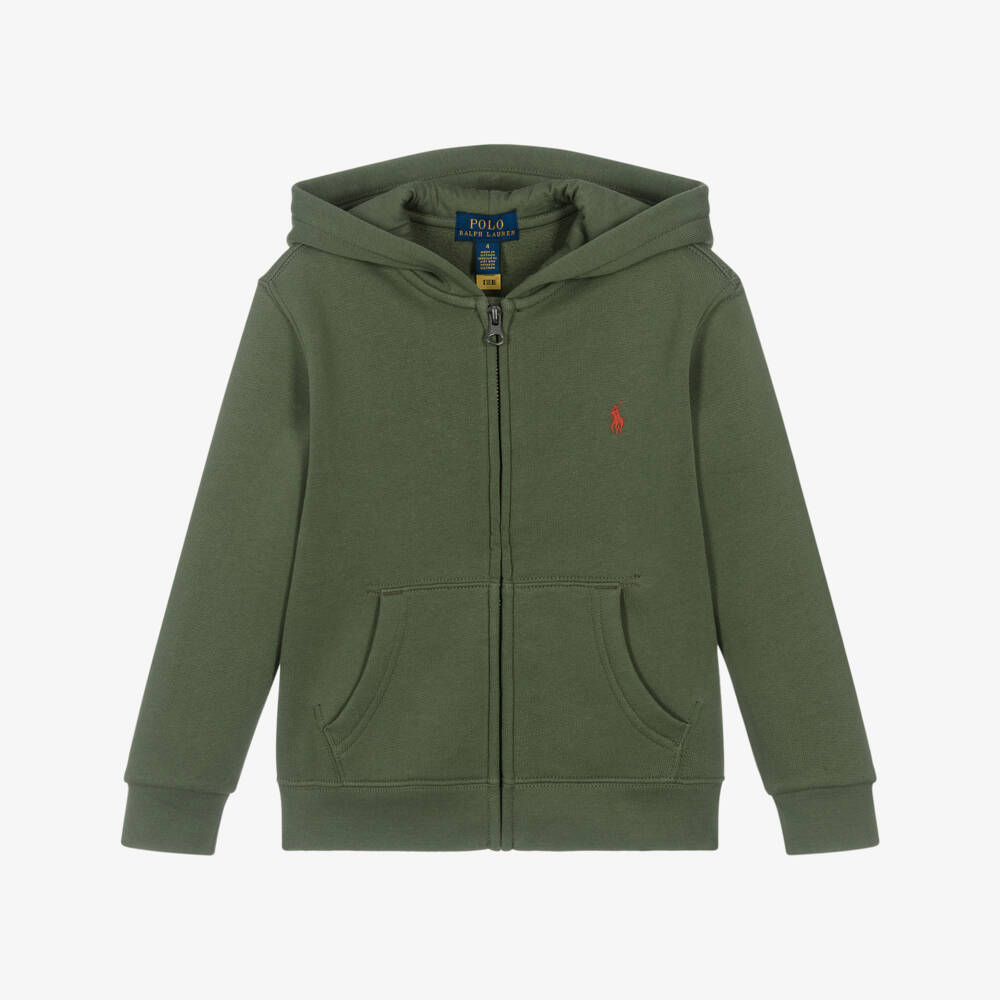 Ralph Lauren-Boys Khaki Green Cotton Pony Logo Zip-Up Hoodie | Childrensalon Outlet