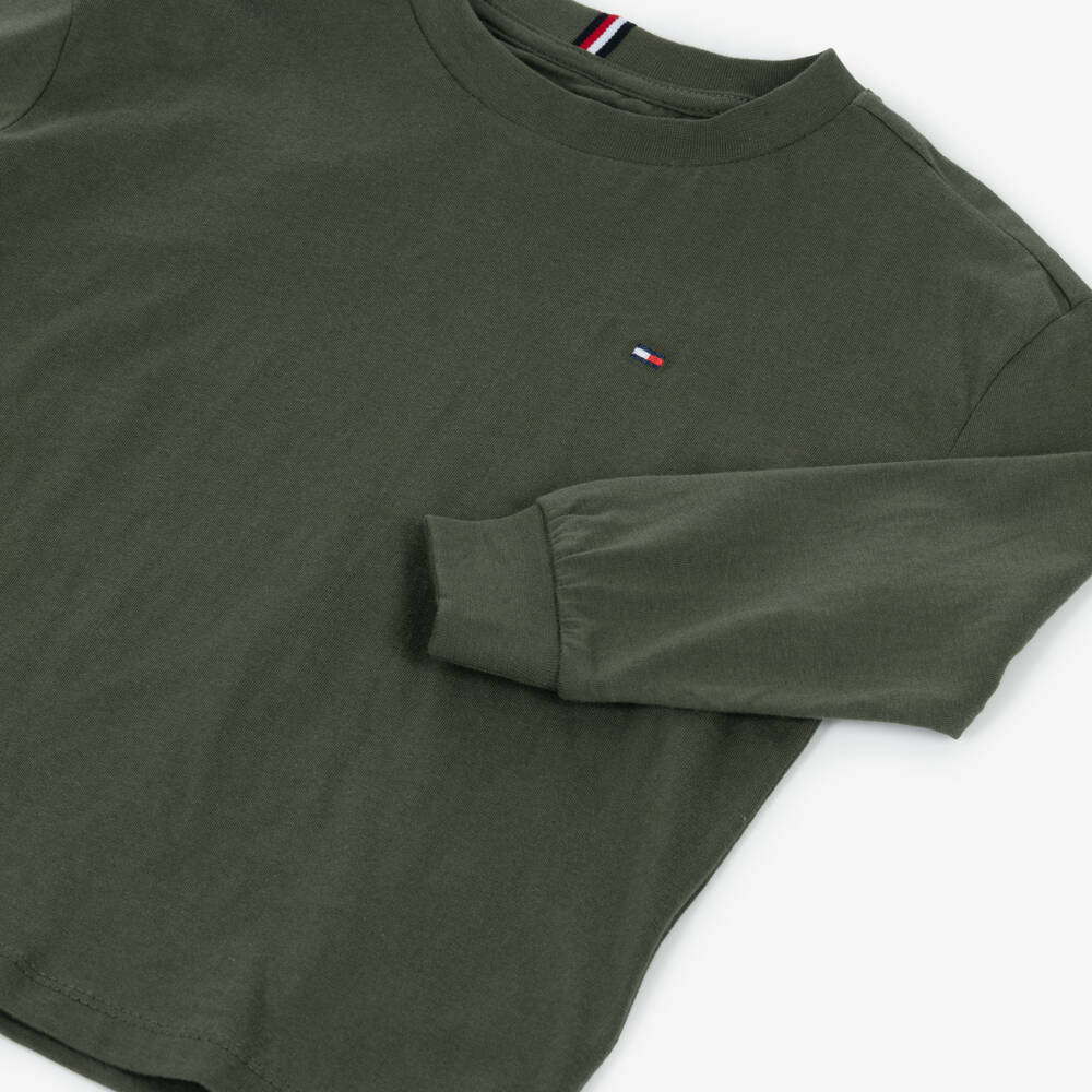 Tommy Hilfiger-Boys Khaki Green Crew Neck Cotton Top | Childrensalon Outlet