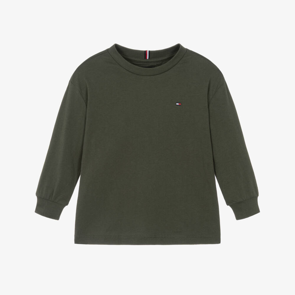 Tommy Hilfiger-Boys Khaki Green Crew Neck Cotton Top | Childrensalon Outlet