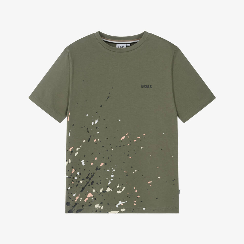 BOSS-Boys Khaki Green Paint Splatter Cotton T-Shirt | Childrensalon Outlet