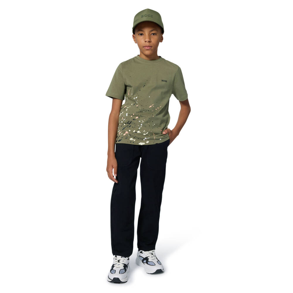 BOSS-Boys Khaki Green Paint Splatter Cotton T-Shirt | Childrensalon Outlet