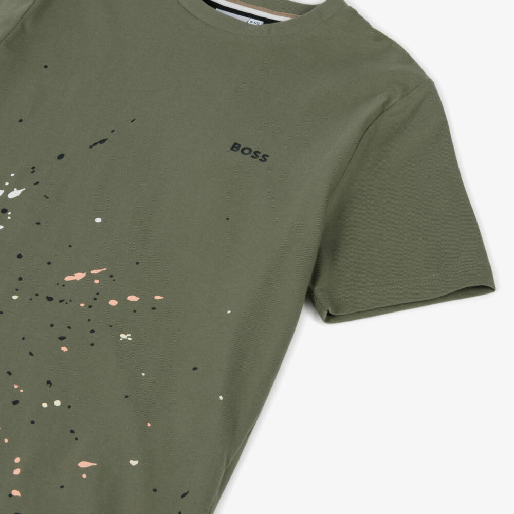 BOSS-Boys Khaki Green Paint Splatter Cotton T-Shirt | Childrensalon Outlet