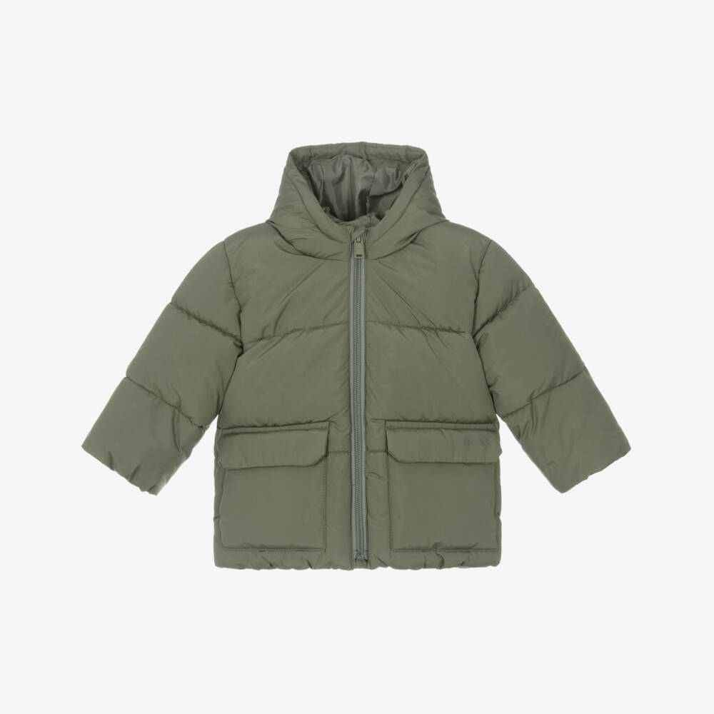 BOSS-Boys Khaki Green Puffer Jacket with Subtle Logo | Childrensalon Outlet