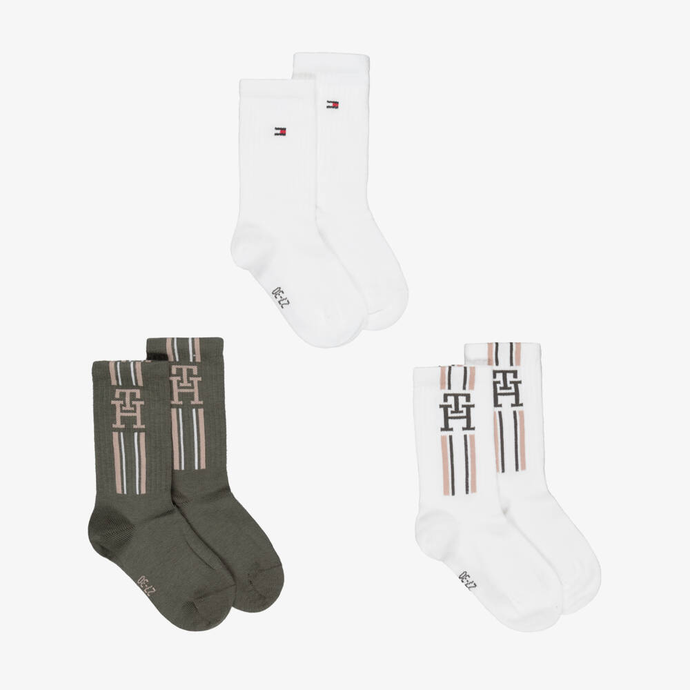 Tommy Hilfiger-Boys Khaki Green & White Logo Ankle Socks (3 Pack) | Childrensalon Outlet