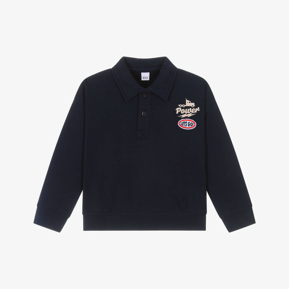 iDO-Boys Long Sleeve Navy Blue Cotton Polo Shirt | Childrensalon Outlet