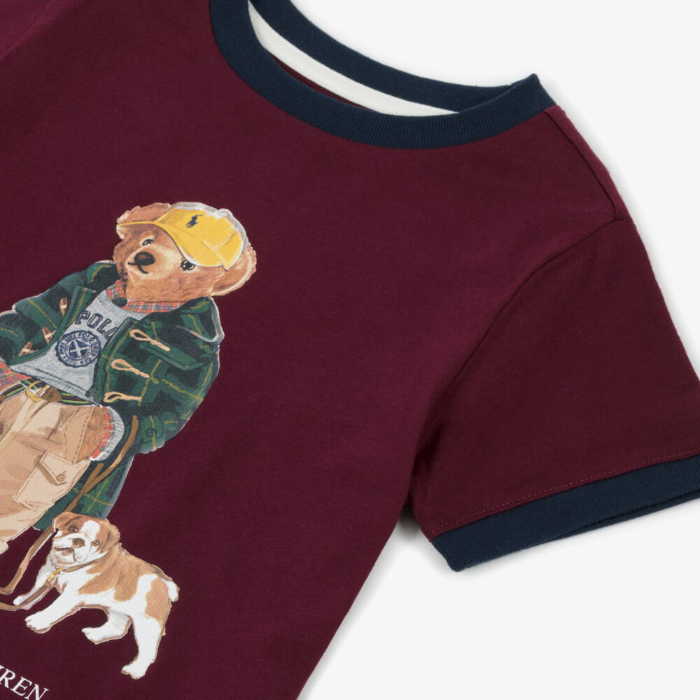 Ralph Lauren-Boys Maroon Red Cotton T-Shirt with Polo Bear Motif | Childrensalon Outlet