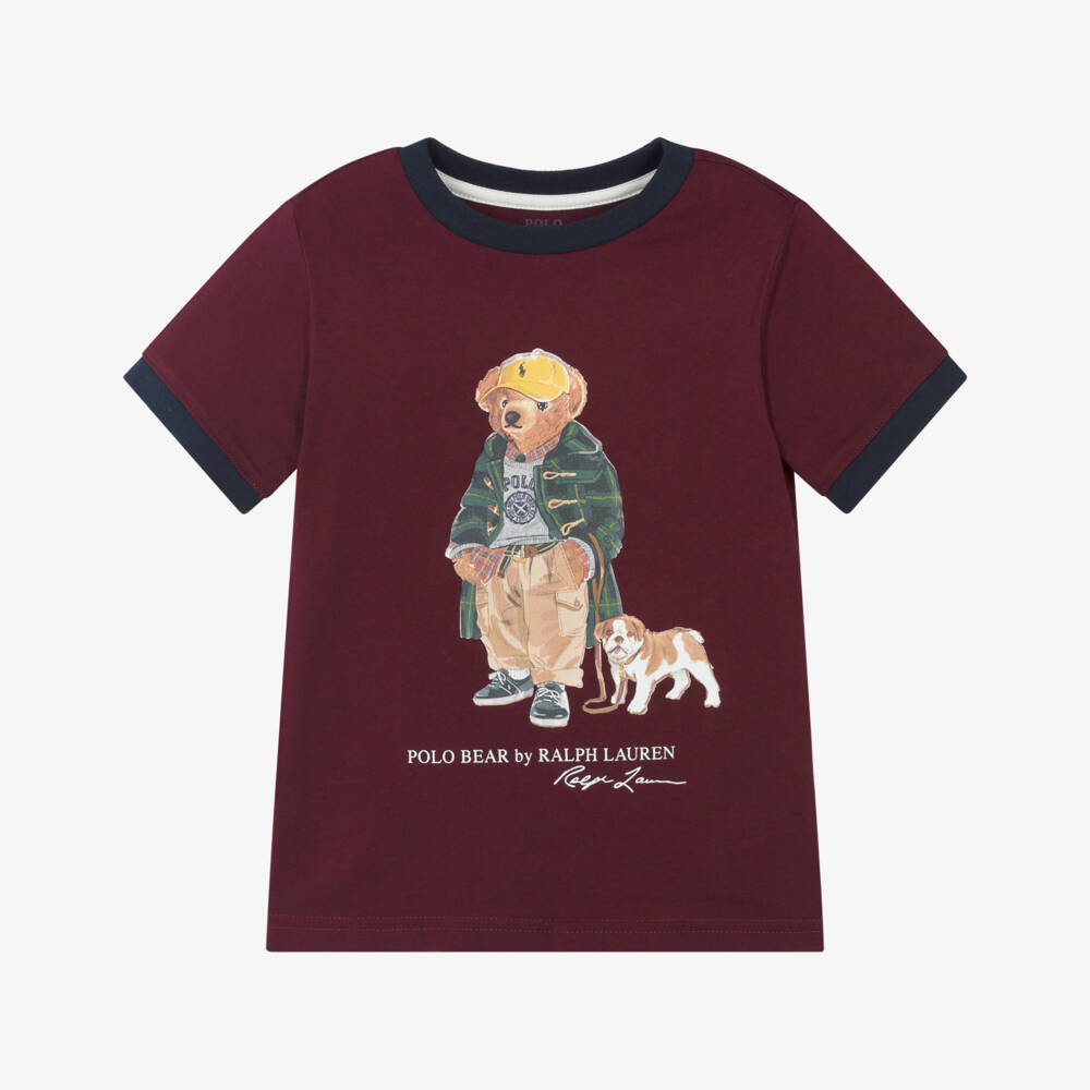 Ralph Lauren-Boys Maroon Red Cotton T-Shirt with Polo Bear Motif | Childrensalon Outlet