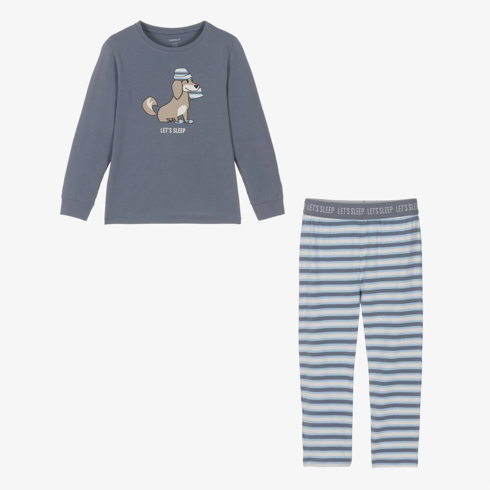 NAME IT-Boys Mid Blue Stripe Cotton Jersey Pyjamas with Dog Print | Childrensalon Outlet