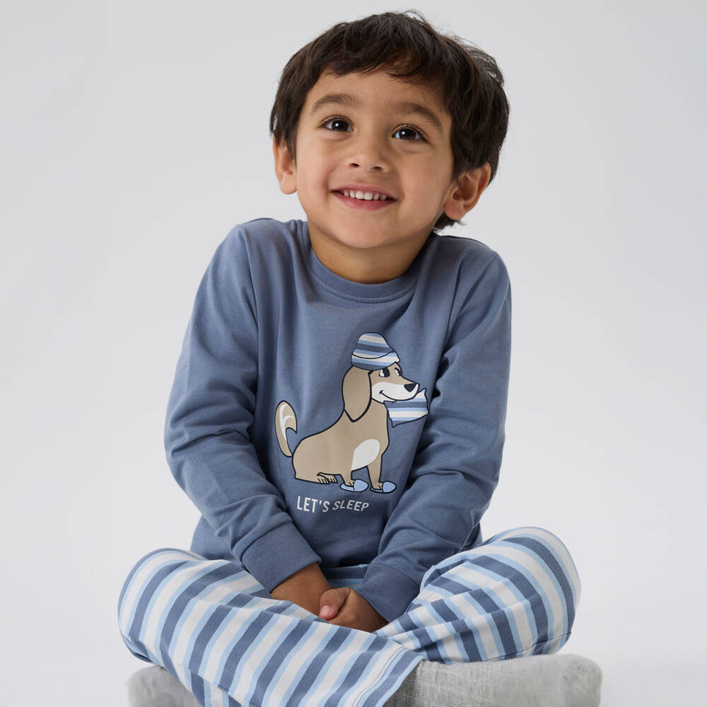 NAME IT-Boys Mid Blue Stripe Cotton Jersey Pyjamas with Dog Print | Childrensalon Outlet