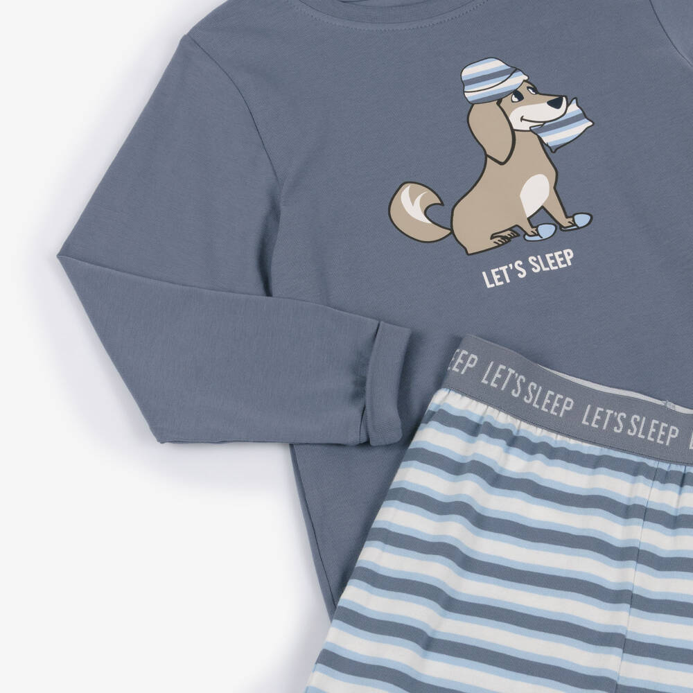 NAME IT-Boys Mid Blue Stripe Cotton Jersey Pyjamas with Dog Print | Childrensalon Outlet