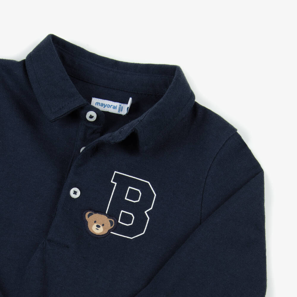 Mayoral-Boys Navy Blue Bear Motif Cotton Jersey Polo Top | Childrensalon Outlet