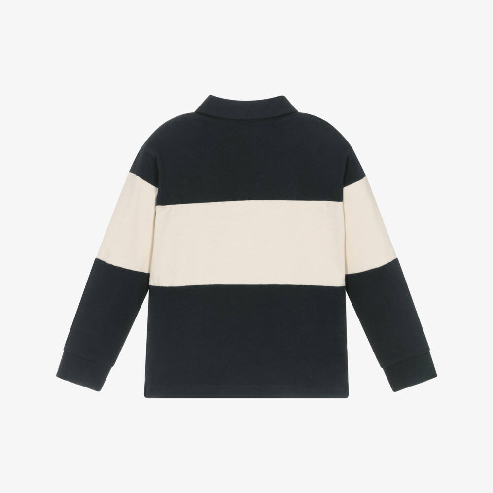 Mayoral-Boys Navy Blue & Beige Long-Sleeved Polo Shirt | Childrensalon Outlet