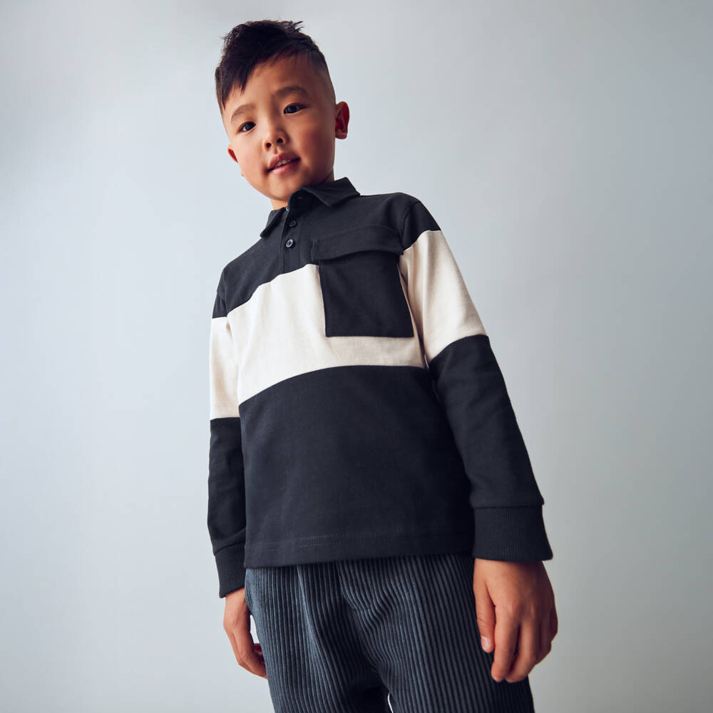 Mayoral-Boys Navy Blue & Beige Long-Sleeved Polo Shirt | Childrensalon Outlet