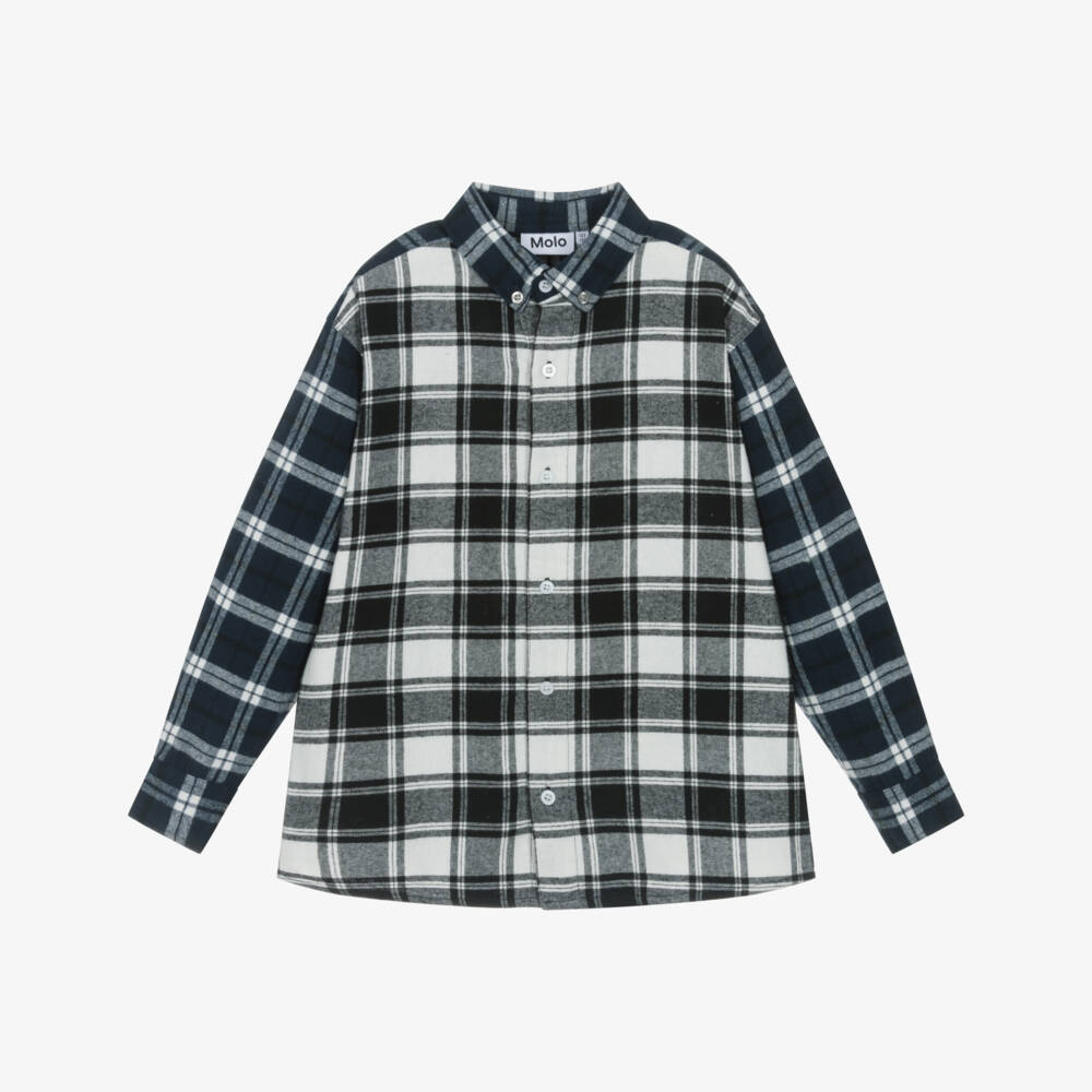 Molo-Boys Navy Blue & Black Brushed Organic Cotton Checked Shirt | Childrensalon Outlet