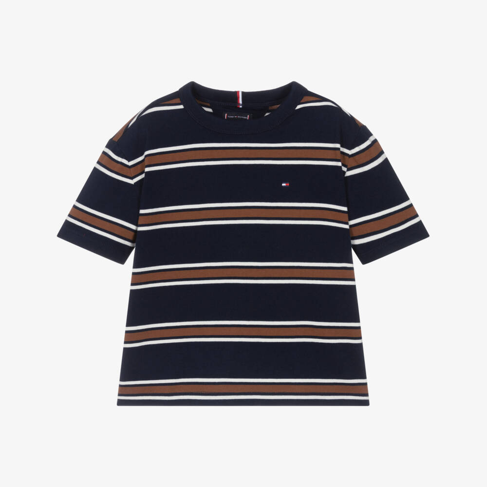 Tommy Hilfiger-Boys Navy Blue & Brown Stripe Cotton Jersey T-Shirt | Childrensalon Outlet