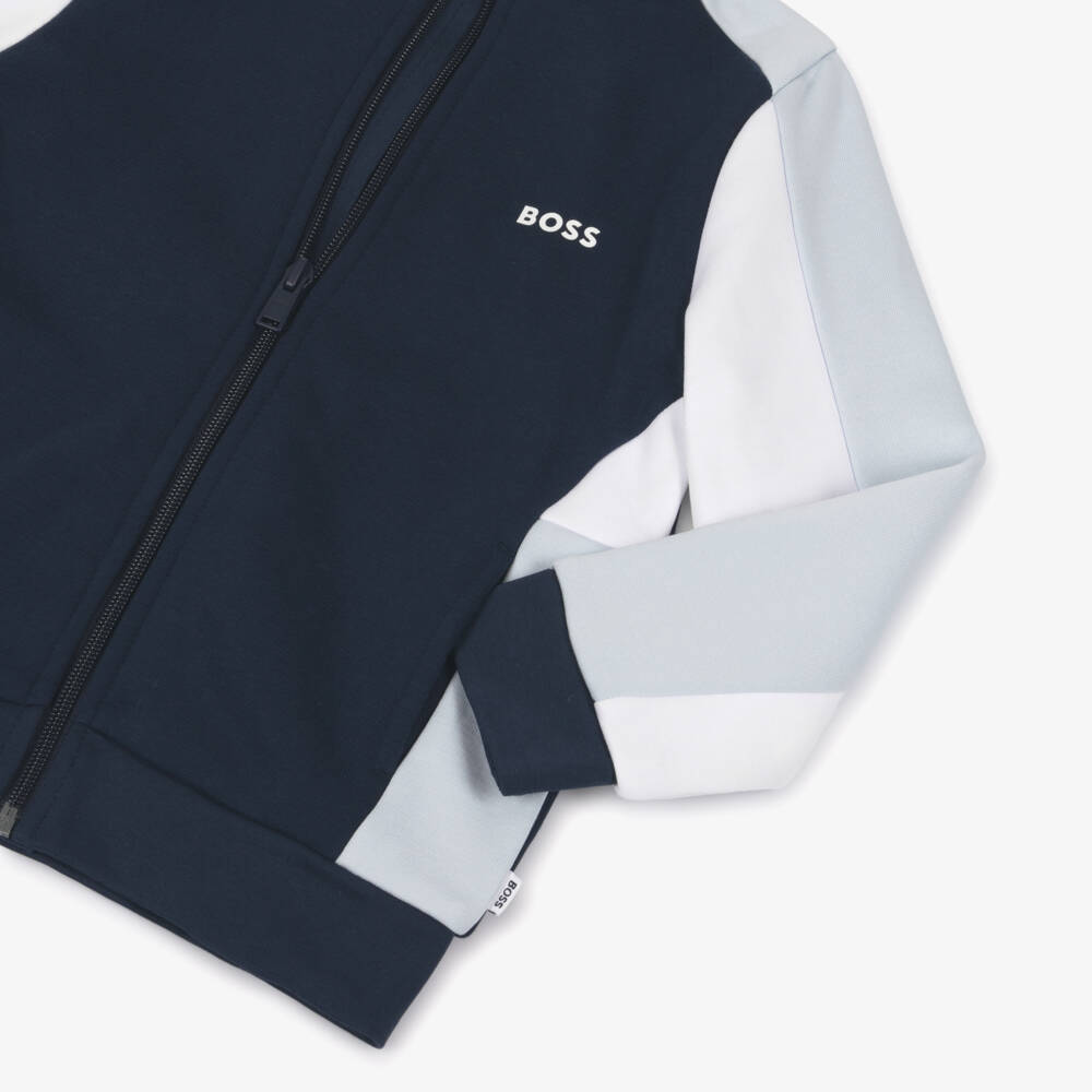BOSS-Boys Navy Blue Colourblock Cotton Jersey Zip-Up Top | Childrensalon Outlet
