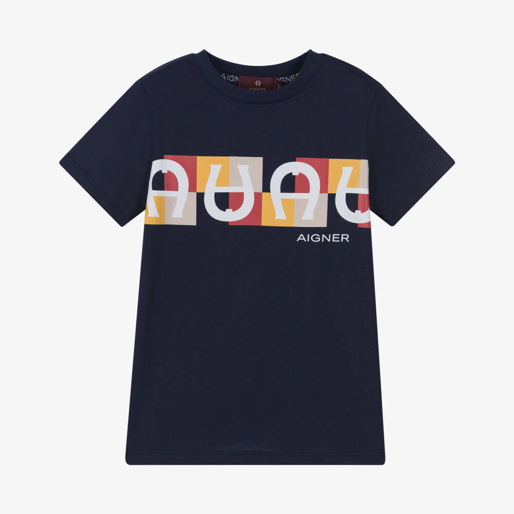 AIGNER-Boys Navy Blue Cotton Colourful Logo T-Shirt | Childrensalon Outlet