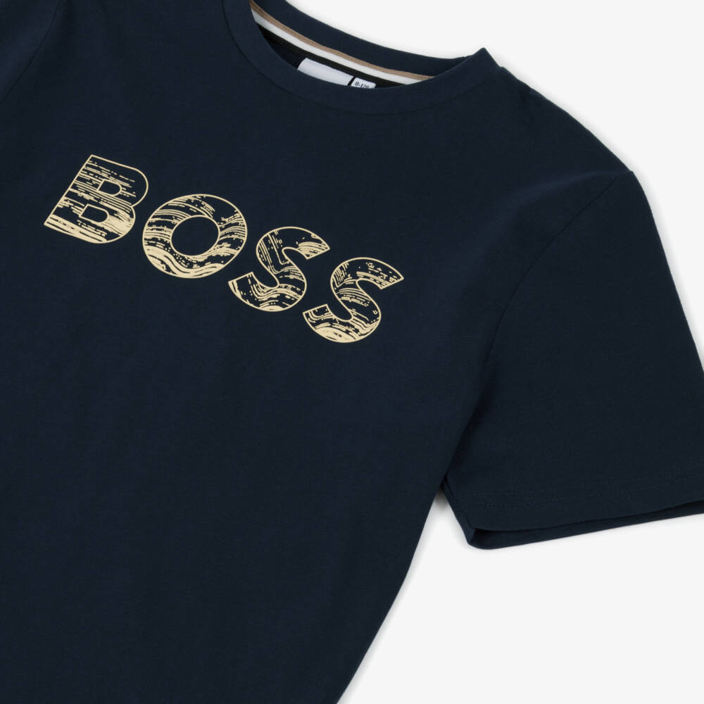 BOSS-Boys Navy Blue Cotton Graphic Logo T-Shirt | Childrensalon Outlet
