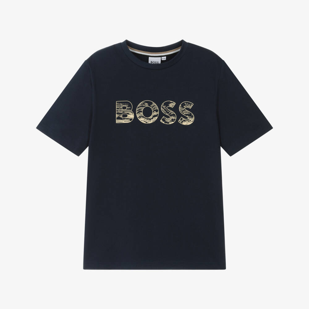 BOSS-Boys Navy Blue Cotton Graphic Logo T-Shirt | Childrensalon Outlet